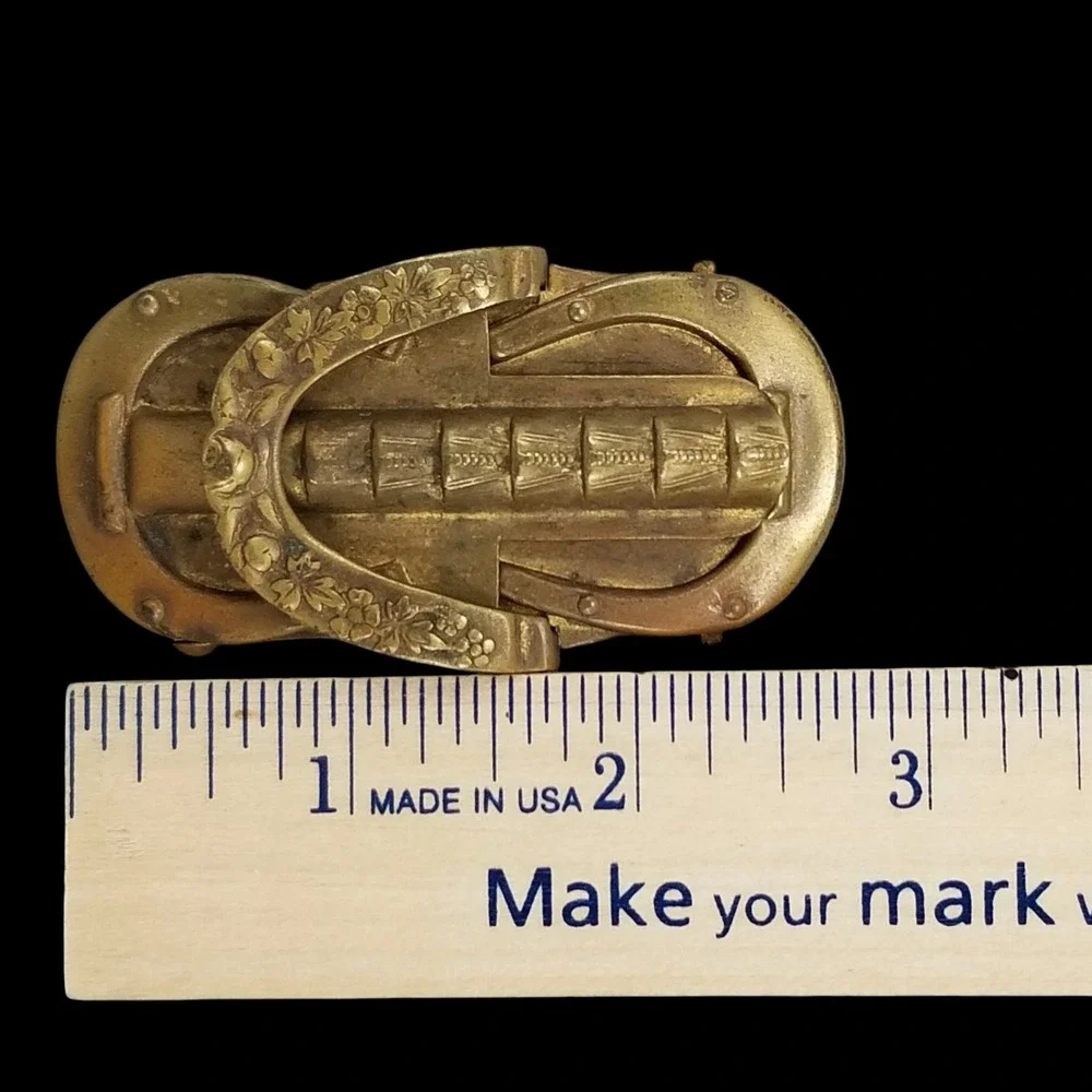 Antique Victorian Brass Horseshoe Floral Belt Buckle 2‎ Piece Pat 1900 Gold Tone - Picture 10 of 11